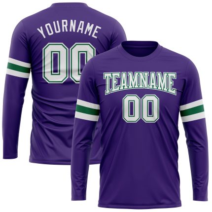 Personalized Purple White-Kelly Green Long Sleeve Performance T-Shirt Team Custom Name and Number