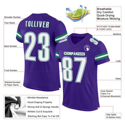 Personalized Purple White-Kelly Green Mesh Authentic Football Jersey Team Custom Name and Number