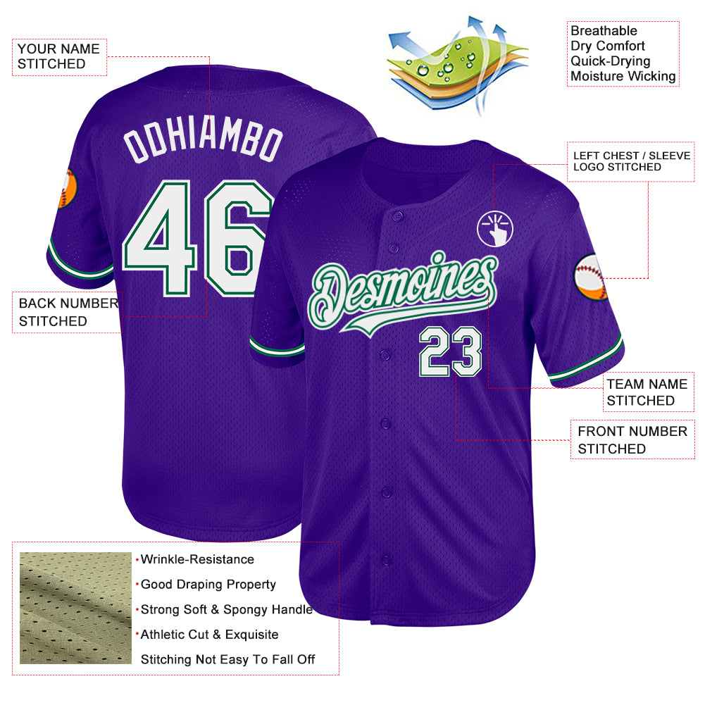 Personalized Purple White-Kelly Green Mesh Authentic Throwback Baseball Jersey Team Custom Name and Number Personalized Purple White-Kelly Green Mesh Authentic Throwback Baseball Jersey Team Custom Name and Number - Image 3