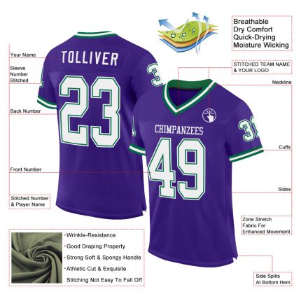 Personalized Purple White-Kelly Green Mesh Authentic Throwback Football Jersey Team Custom Name and Number