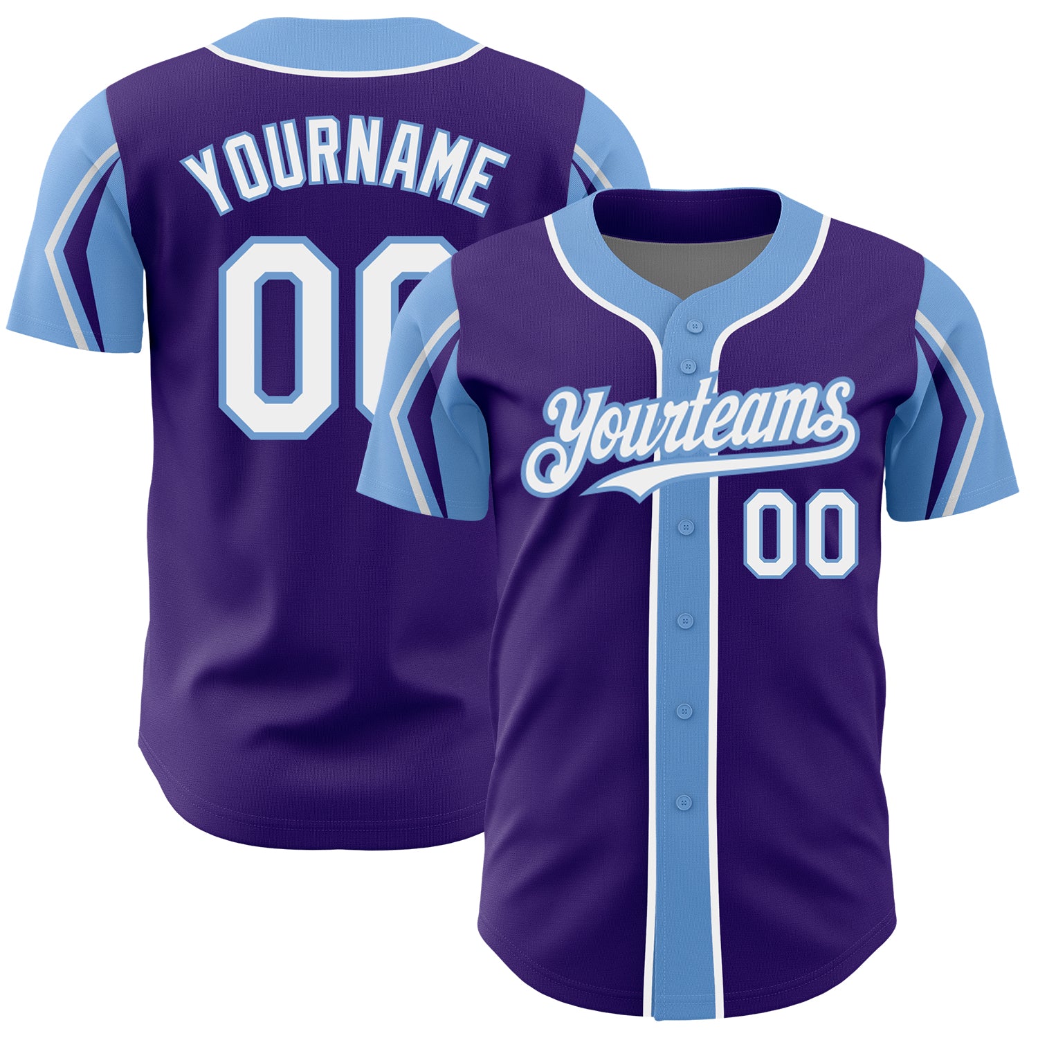 Personalized Purple White-Light Blue 3 Colors Arm Shapes Authentic Baseball Jersey Team Custom Name and Number