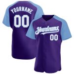 Personalized Purple White-Light Blue Authentic Raglan Sleeves Baseball Jersey Team Custom Name and Number