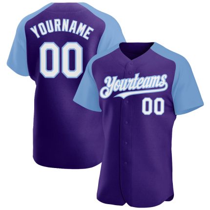 Personalized Purple White-Light Blue Authentic Raglan Sleeves Baseball Jersey Team Custom Name and Number