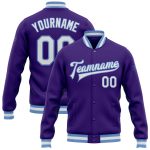 Personalized Purple White-Light Blue Bomber Full-Snap Varsity Letterman Jacket Team Custom Name and Number