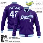 Personalized Purple White-Light Blue Bomber Full-Snap Varsity Letterman Jacket Team Custom Name and Number