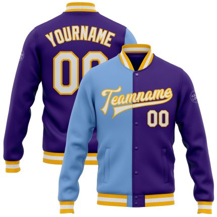 Personalized Purple White Light Blue-Gold Bomber Full-Snap Varsity Letterman Split Fashion Jacket Team Custom Name and Number