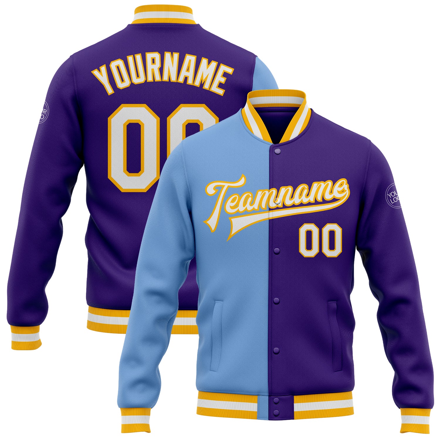 Personalized Purple White Light Blue-Gold Bomber Full-Snap Varsity Letterman Split Fashion Jacket Team Custom Name and Number