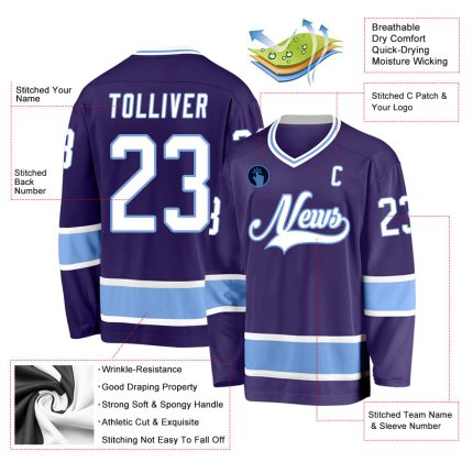 Personalized Purple White-Light Blue Hockey Jersey Team Custom Name and Number