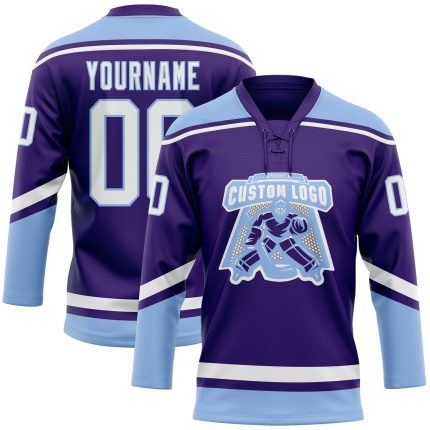 Personalized Purple White-Light Blue Hockey Lace Neck Jersey Team Custom Name and Number