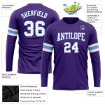 Personalized Purple White-Light Blue Long Sleeve Performance T-Shirt Team Custom Name and Number