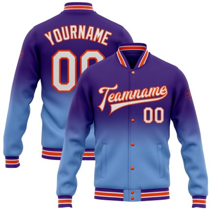 Personalized Purple White Light Blue-Orange Bomber Full-Snap Varsity Letterman Fade Fashion Jacket Team Custom Name and Number