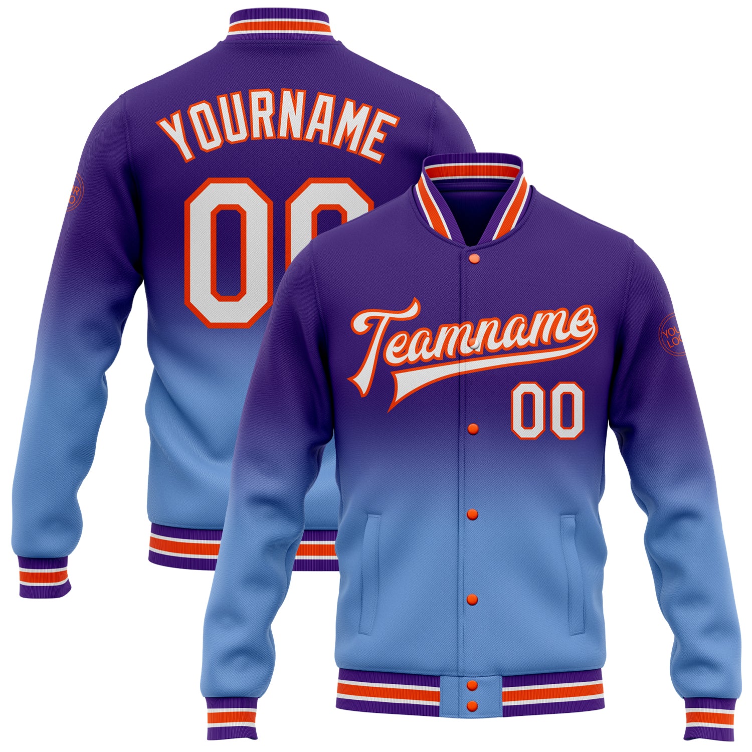 Personalized Purple White Light Blue-Orange Bomber Full-Snap Varsity Letterman Fade Fashion Jacket Team Custom Name and Number