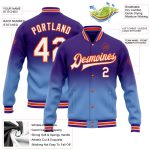 Personalized Purple White Light Blue-Orange Bomber Full-Snap Varsity Letterman Fade Fashion Jacket Team Custom Name and Number