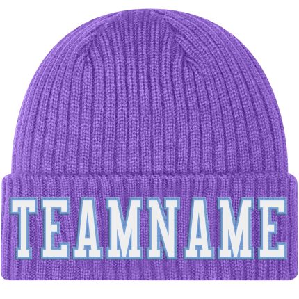 Personalized Purple White-Light Blue Stitched Cuffed Knit Hat Team Custom Name and Number
