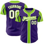 Personalized Purple White-Neon Green 3 Colors Arm Shapes Authentic Baseball Jersey Team Custom Name and Number