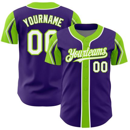 Personalized Purple White-Neon Green 3 Colors Arm Shapes Authentic Baseball Jersey Team Custom Name and Number