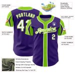 Personalized Purple White-Neon Green 3 Colors Arm Shapes Authentic Baseball Jersey Team Custom Name and Number