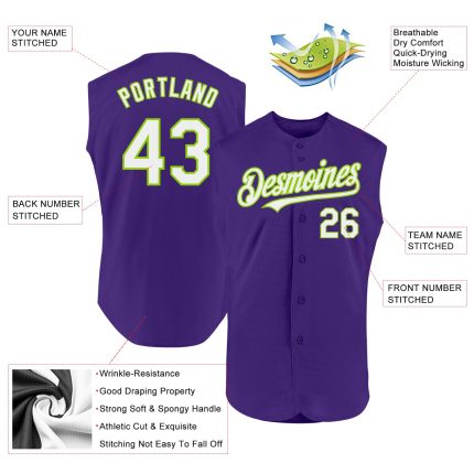 Personalized Purple White-Neon Green Authentic Sleeveless Baseball Jersey Team Custom Name and Number