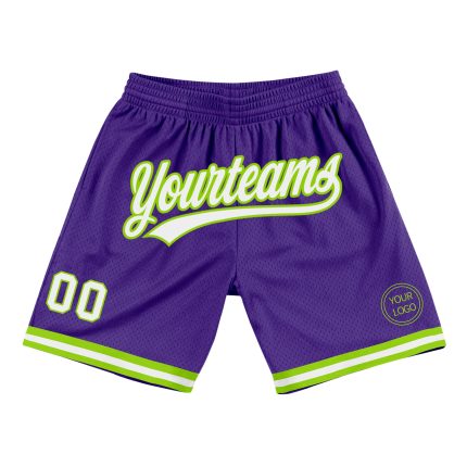 Personalized Purple White-Neon Green Authentic Throwback Basketball Shorts Team Custom Name and Number