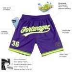 Personalized Purple White-Neon Green Authentic Throwback Basketball Shorts Team Custom Name and Number