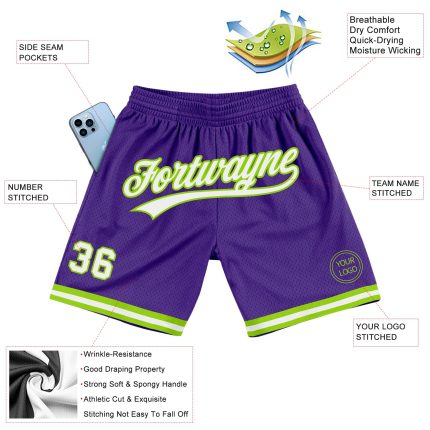 Personalized Purple White-Neon Green Authentic Throwback Basketball Shorts Team Custom Name and Number
