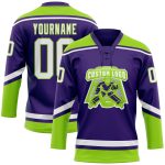 Personalized Purple White-Neon Green Hockey Lace Neck Jersey Team Custom Name and Number