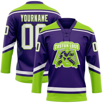 Personalized Purple White-Neon Green Hockey Lace Neck Jersey Team Custom Name and Number
