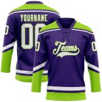 Personalized Purple White-Neon Green Hockey Lace Neck Jersey Team Custom Name and Number