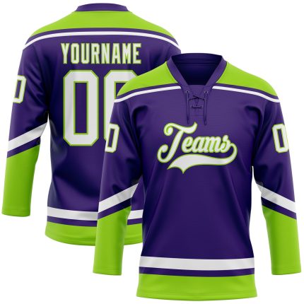 Personalized Purple White-Neon Green Hockey Lace Neck Jersey Team Custom Name and Number