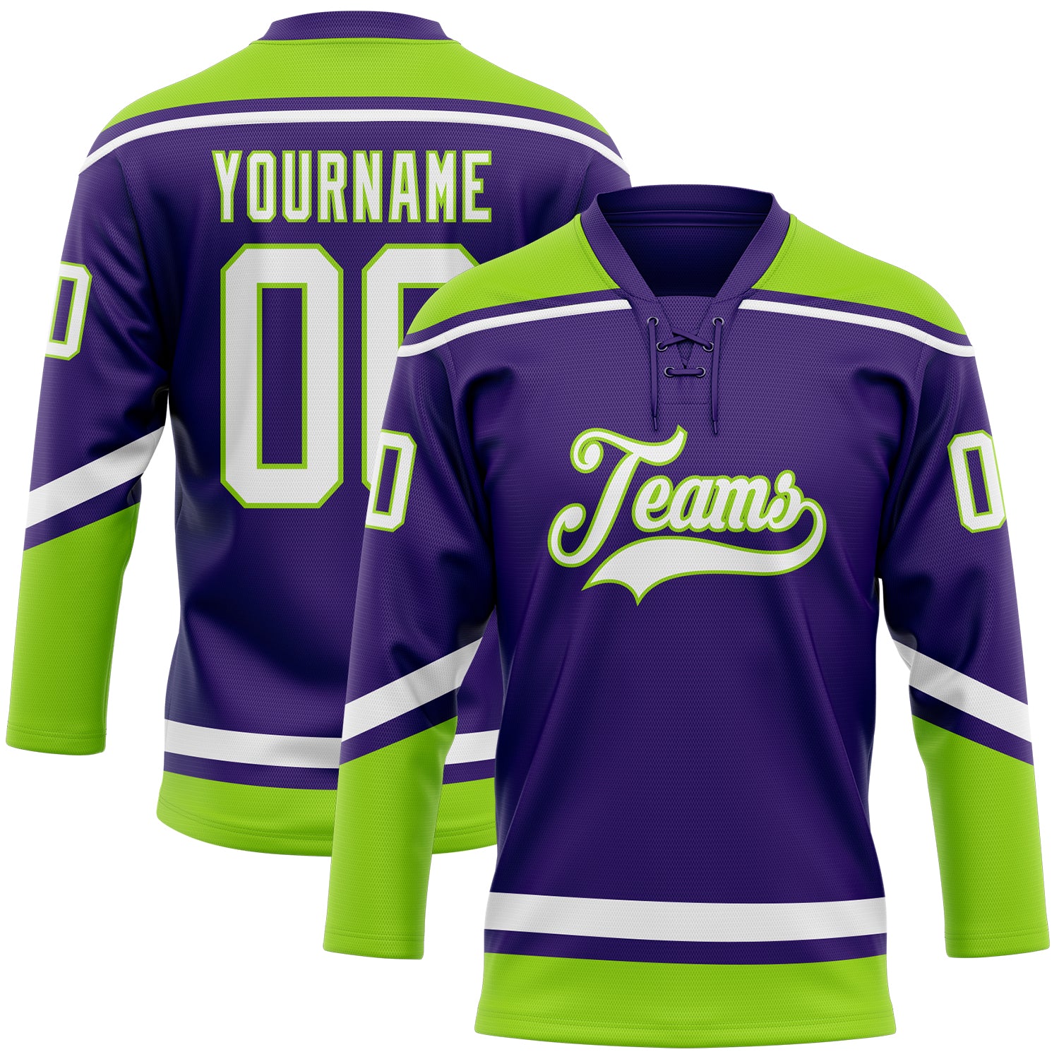 Personalized Purple White-Neon Green Hockey Lace Neck Jersey Team Custom Name and Number