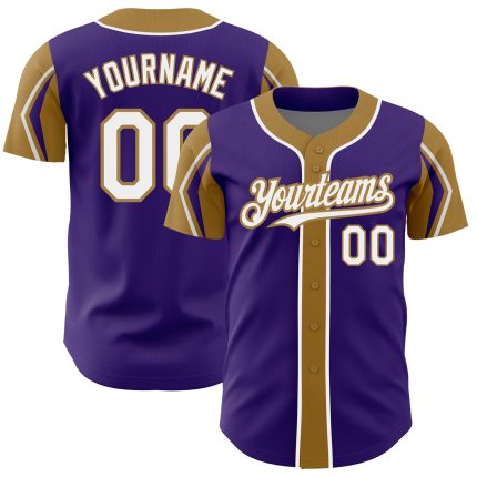 Personalized Purple White-Old Gold 3 Colors Arm Shapes Authentic Baseball Jersey Team Custom Name and Number