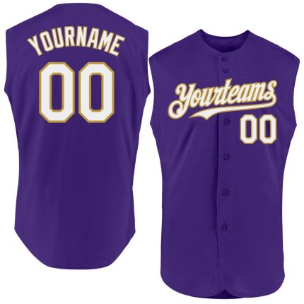 Personalized Purple White-Old Gold Authentic Sleeveless Baseball Jersey