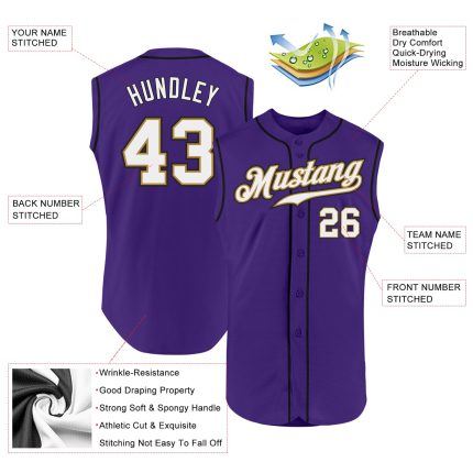 Personalized Purple White-Old Gold Authentic Sleeveless Baseball Jersey Team Custom Name and Number