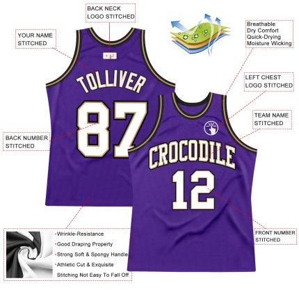 Personalized Purple White-Old Gold Authentic Throwback Basketball Jersey Team Custom Name and Number