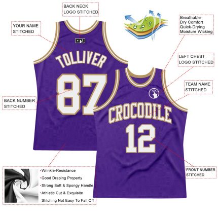 Personalized Purple White-Old Gold Authentic Throwback Basketball Jersey