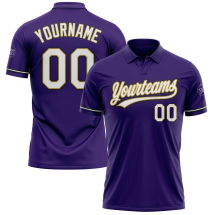 Personalized Purple White Old Gold-Black Performance Vapor Golf Polo Shirt Team Custom Name and Number