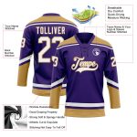 Personalized Purple White-Old Gold Hockey Lace Neck Jersey Team Custom Name and Number