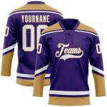 Personalized Purple White-Old Gold Hockey Lace Neck Jersey Team Custom Name and Number