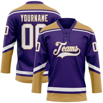 Personalized Purple White-Old Gold Hockey Lace Neck Jersey Team Custom Name and Number