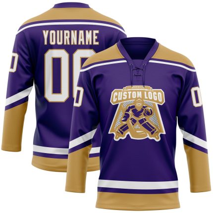 Personalized Purple White-Old Gold Hockey Lace Neck Jersey Team Custom Name and Number