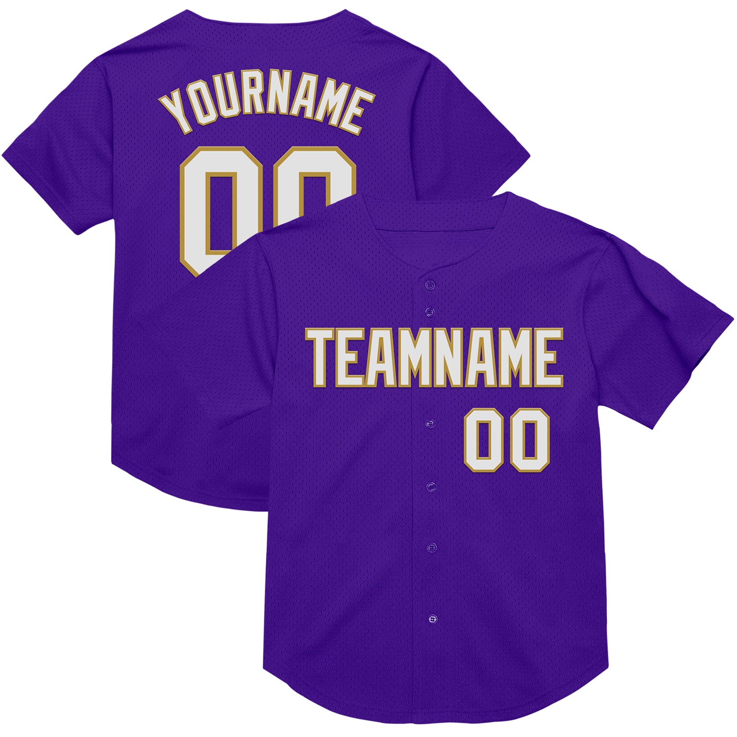 Personalized Purple White-Old Gold Mesh Authentic Throwback Baseball Jersey