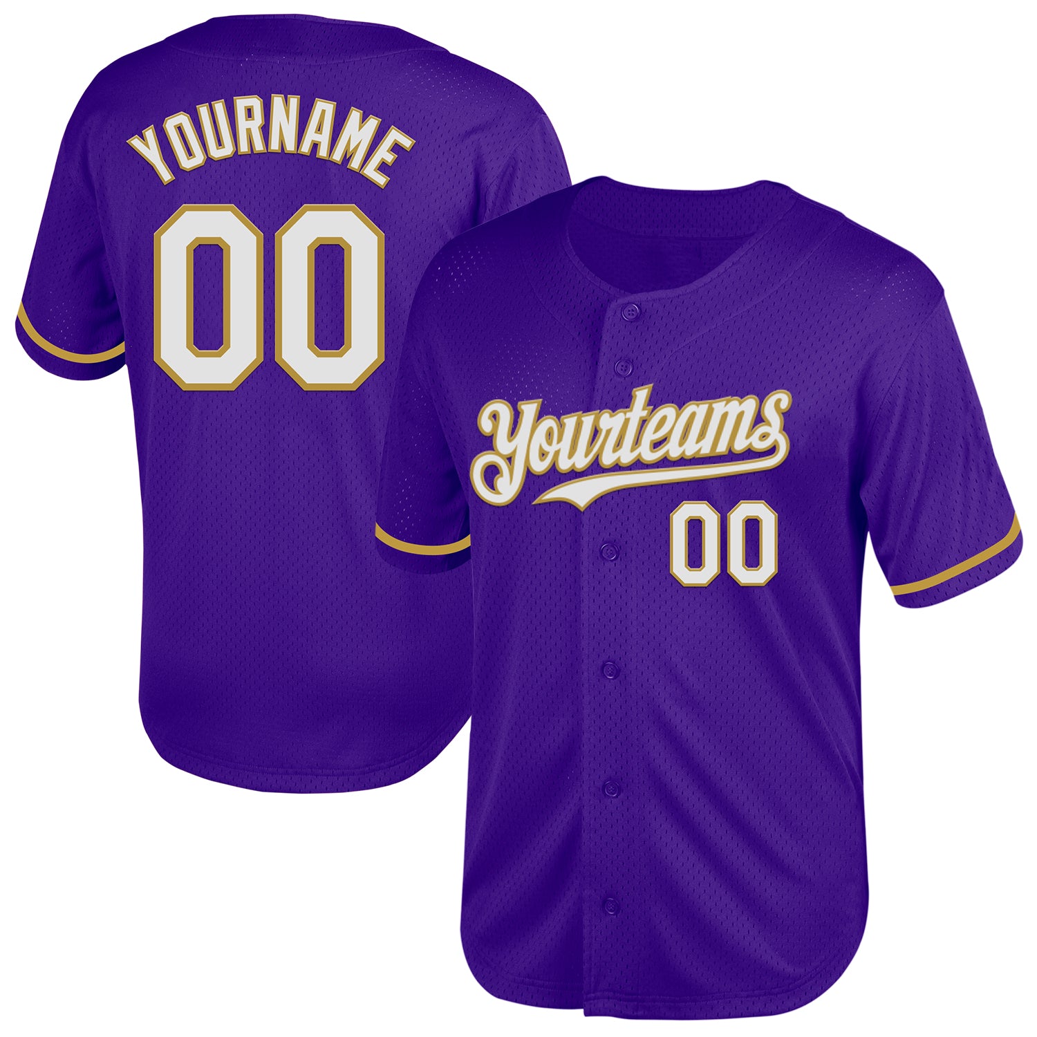 Personalized Purple White-Old Gold Mesh Authentic Throwback Baseball Jersey Team Custom Name and Number