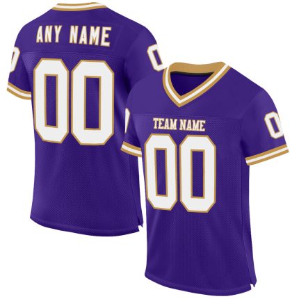 Personalized Purple White-Old Gold Mesh Authentic Throwback Football Jersey