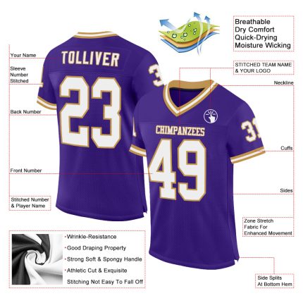 Personalized Purple White-Old Gold Mesh Authentic Throwback Football Jersey