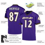 Custom purple, white and old gold mesh throwback football jersey, side view