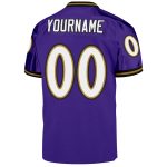 Custom purple, white and old gold mesh throwback football jersey, detail of the printed panel