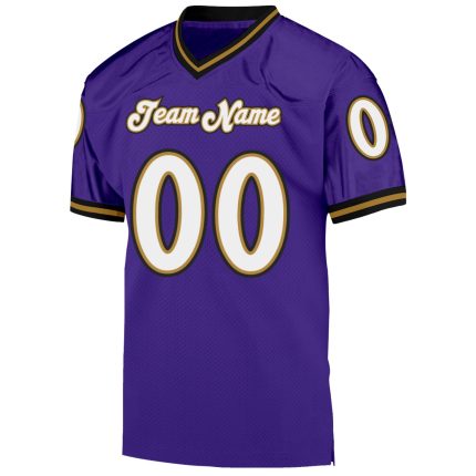 Custom purple, white and old gold mesh throwback football jersey, back view
