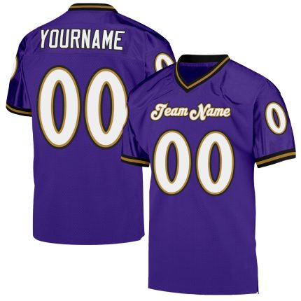 Custom purple, white and old gold mesh throwback football jersey