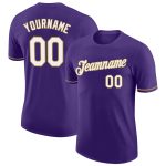 Personalized Purple White-Old Gold Performance T-Shirt Team Custom Name and Number