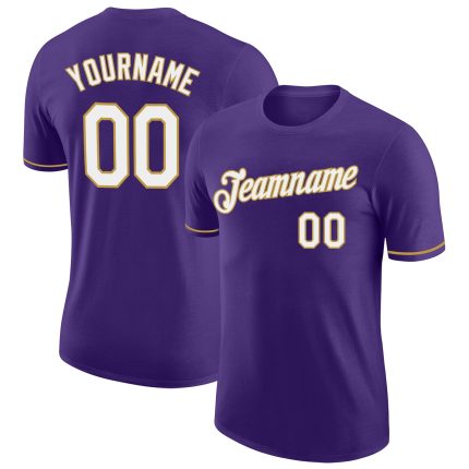 Personalized Purple White-Old Gold Performance T-Shirt Team Custom Name and Number